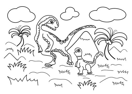 tyrannosaurs big and small, cute contour landscape with palm trees, for coloring book