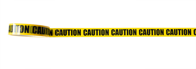 CAUTION yellow tape, adhesive tape isolated on white background