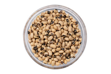 Bob on an isolated white background. Beans black eye in a glass bowl.