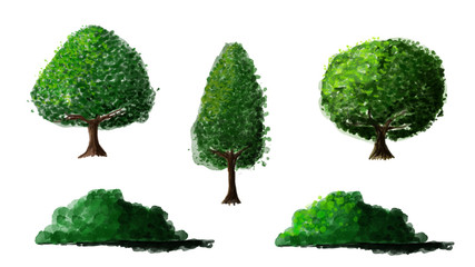 set of green trees isolated illustration