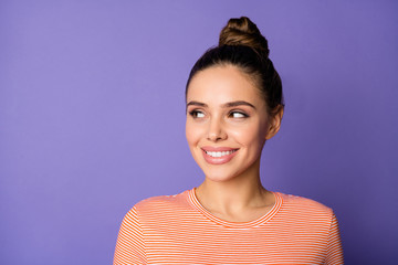 Close up photo of lovely charming nice girl look good copyspace enjoy weekend free time wear casual style summer outfit isolated over violet color background