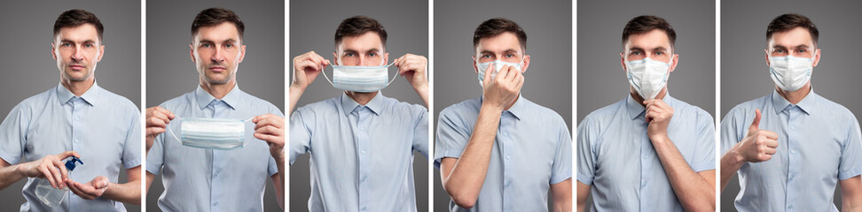 Man with sanitizer and protective mask