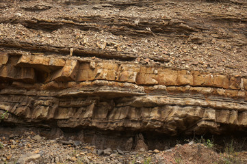 layers of sedimentary rock outcrops,  Sandstone, silt outcrops. Location: Sangatta, East Kalimantan/Indonesia 