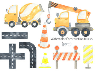 Watercolor Construction Trucks and tractors set. Funny construction equipment,  machinery, vehicles,road and road signs. Construction Trucks illustrations. Road cone, crane, concrete mixer.