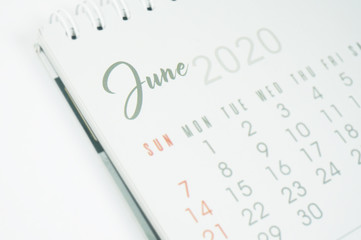 June 2020 calender on white background. Selective Focus  