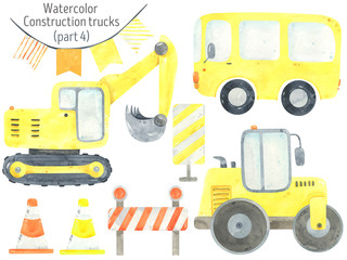 Watercolor Construction Trucks and tractors set. Funny construction equipment,  machinery, vehicles,road and road signs. Construction Trucks illustrations. Road cone,  bus, excavator, ice rink