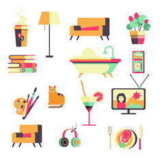 set of flat icons  depicting objects to be used at home for pleasure and good time while in quarantine - flat vector illustration