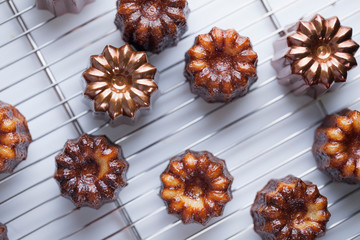 French traditional dessert canele on the pastry lattice for glazing