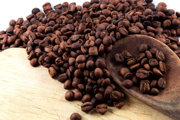 Coffee beans stacked on the wood floor