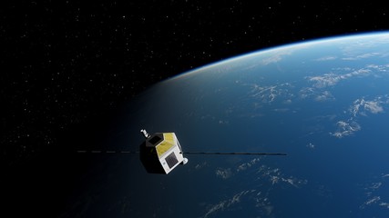 realistic satellite in orbit of the Earth, artificial satellite of telecommunications, satellite communications from Earth orbit, probe in Earth orbit 3d render © Aleksandr