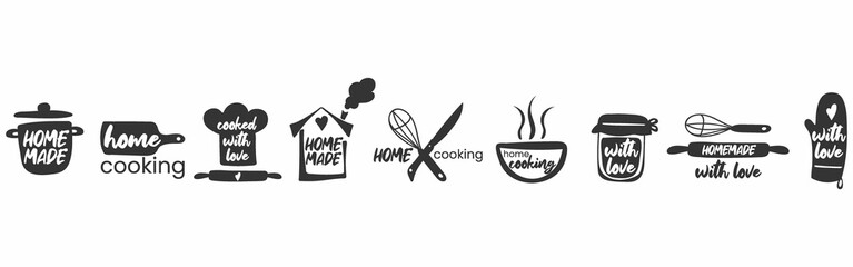 Set of hand drawn simple kitchen phrases - homemade,with love, home cooking, cooked with love. Badges, labels and logo elements, retro symbols for bakery shop, cooking club, cafe, or home cooking.
