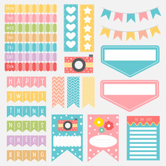 Cute paper notes in sweet color set. Printable planner stickers. Template for your message. Decorative planning element. Vector illustration.