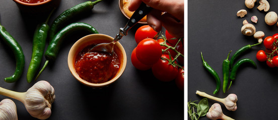 collage of one person holding spoon near tasty tomato sauce and vegetables on black