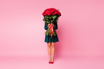 Full length photo of charming chic lady hold arms large roses bouquet hiding face shy person wear...