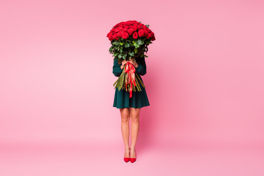 Full length photo of charming chic lady hold arms large roses bouquet hiding face shy person wear short green dress red high-heels isolated pastel pink color background