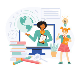 E-learning, online education, home schooling, webinar, digital classroom, teaching, web seminar, internet classes. Professional teacher conducts an online lesson. School girl learns remotely at home.