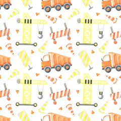 Construction Trucks and tractors seamless pattern, construction background. Funny construction equipment,  machinery, vehicles, road and road signs. Road cone, construction crane, dump truck