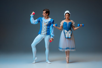Modern Cinderella stays active and sportive with Prince. Working out with dumbbells. Young and...