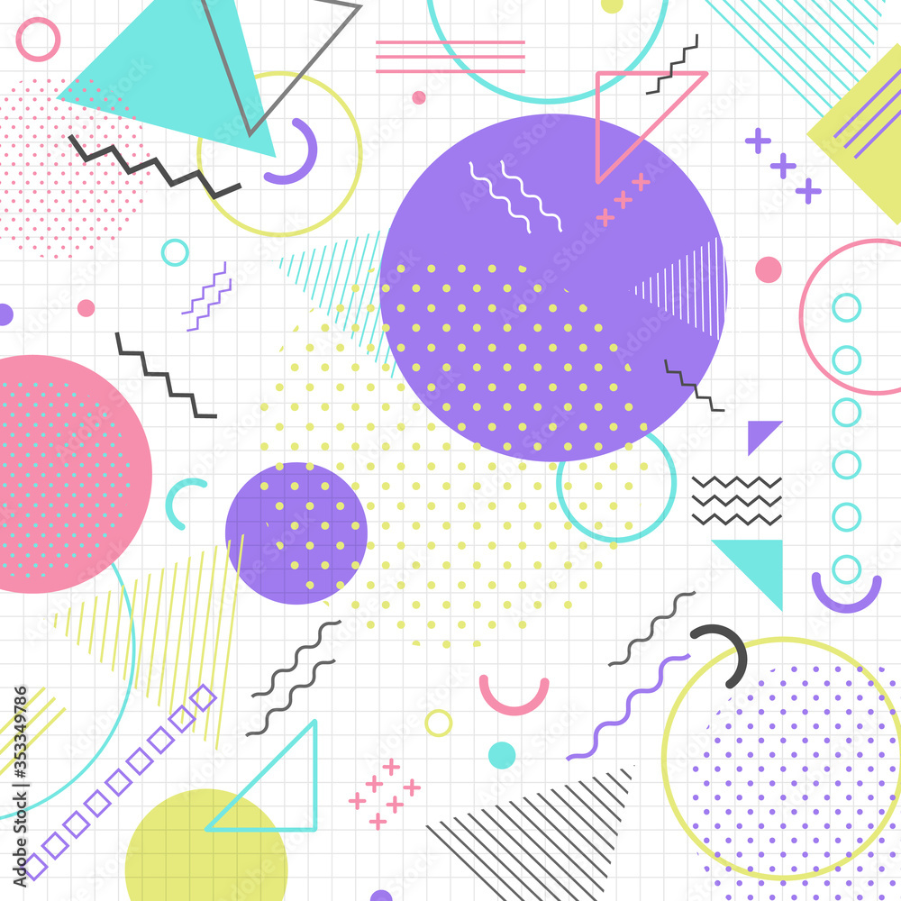 Poster abstract geometric shape pattern in retro 80s on grid background