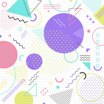 Abstract Geometric Shape Pattern In Retro 80s On Grid Background