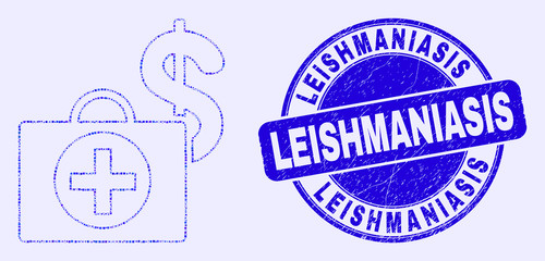 Geometric Financial medical case mosaic pictogram and Leishmaniasis seal. Blue vector round scratched seal with Leishmaniasis phrase. Abstract mosaic of Financial medical case combined of spheric,