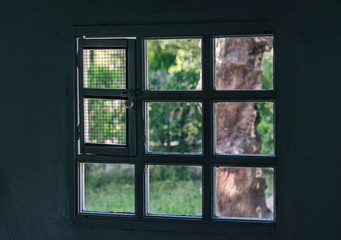 View from inside a cottage through an old window. Exterior view nature
