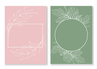 Modern template invitation,greeting card.Pastel shades.Light pink and soft green.Place for text.Delicate floral elements,twigs of tropical leaves,beautifully decorated background.Vector illustration