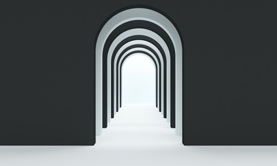 Entrance to the black arched corridor with white floor. 3d rendering