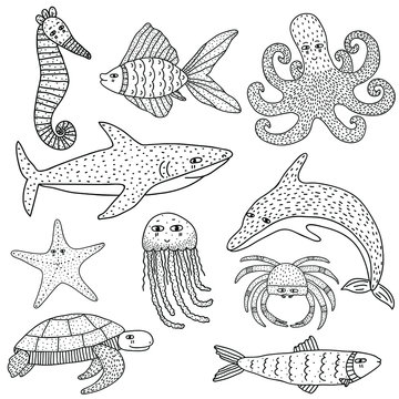 Collection set of hand drawn marine animals isolated on white. Doodle drawing. Funny sea creatures. Seahorse, fish, octopus, shark, dolphin, jellyfish, starfish, turtle. Stock Vector illustration