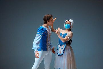 Modern Cinderella avoiding kissing with Prince without protective face mask. Young and graceful...