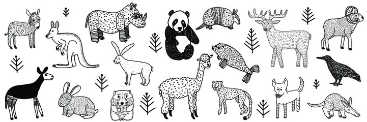 Collection of hand drawn wild animals.Black outline drawings isolated on white background.Set of different kind of animal. Doodle style.