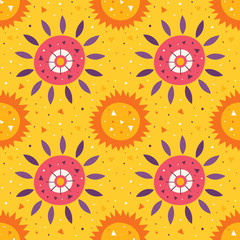 Little cute sun and flower on yellow backdrop. Summer holidays. Wildlife, nature. Mexico element, desert. Hot bright sunny weather. Flat colourful vector seamless pattern, texture, background.