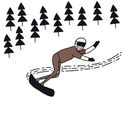 Stock Vector illustration with a snowboarder sharp turn. An adult snowboarding in mountains. Drawing of snowboard trick isolated on white background. Design for sport shop or skiing school.