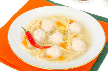 Broth with noodles and meat balls. Photo