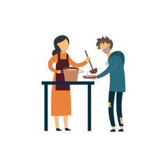 Volunteer woman giving food to homeless man in soup kitchen.