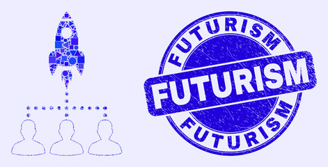 Geometric rocket startup group mosaic pictogram and Futurism seal stamp. Blue vector round grunge seal stamp with Futurism phrase. Abstract concept of rocket startup group organized of round, tringle,