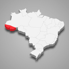 Fototapeta premium Acre state location within Brazil 3d map Template for your design
