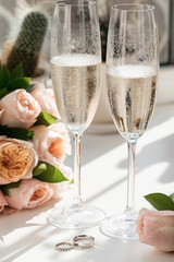Wedding rings lie next to two glasses of champagne and a bouquet of roses in the sun