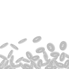 Russian ruble coins falling. Scattered black and w
