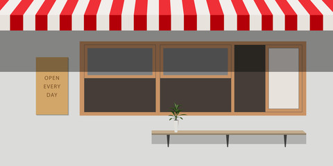 Shop front with red sun shade illustration. Cafe restaurant shop and bakery.