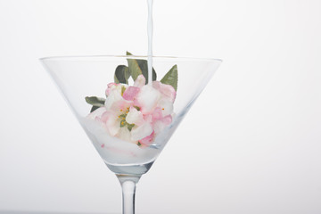 Flower in a martini glass. Close-up for a screensaver. Milk is pouring from above into a glass. - 353355365
