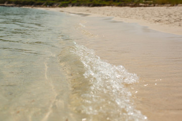 Glare on the wave. The yellow sandy bottom of the ocean. Sea foam and wave running ashore
