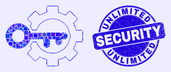 Geometric key options gear mosaic icon and Unlimited Security seal stamp. Blue vector rounded distress seal stamp with Unlimited Security text. Abstract collage of key options gear organized of round,