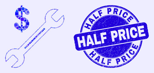 Geometric dollar wrench mosaic icon and Half Price seal stamp. Blue vector rounded scratched seal stamp with Half Price title. Abstract composition of dollar wrench composed of spheric, tringle,