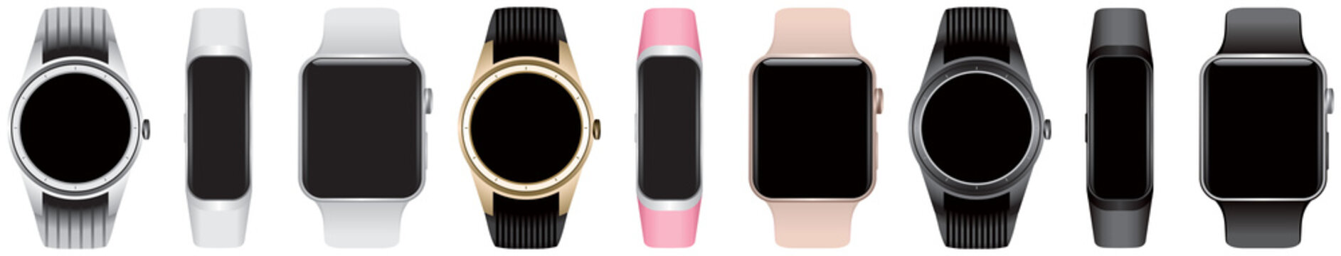 Smart watch with empty screen, same types of the smartwatch or smart belt in different color and form factor isolated with blank black screens realistic vector illustration for the design or mockup 