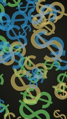 Multicolored translucent dollar signs on dark background. Green tones. 3D illustration