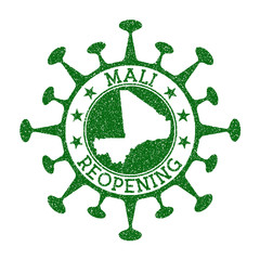 Mali Reopening Stamp. Green round badge of country with map of Mali. Country opening after lockdown. Vector illustration.