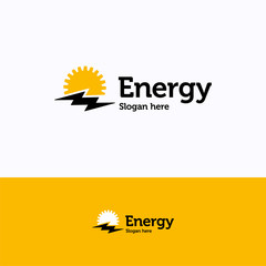 Energy corp logo. Industrial gear cog logo template. Round lightning mechanical logo with sun - obrazy, fototapety, plakaty