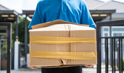 Delivery man Frightened with cardboard box damaged broken accident before delivering to customers at home, Express service client online shopping comfortable payment package product.