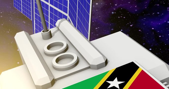 60FPS video of satellite with flag on top - Saint Kitts and Nevis satellite connection technology concept, UHD 4K 3d animation